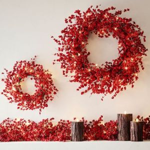 Lit Faux Red Berry Wreath & Garland Set of two