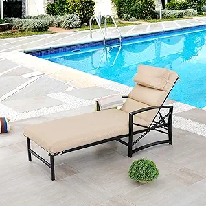 Outdoor Adjustable Chaise Patio Steel Furniture Metal Lounge Chair with Cushion, Khaki